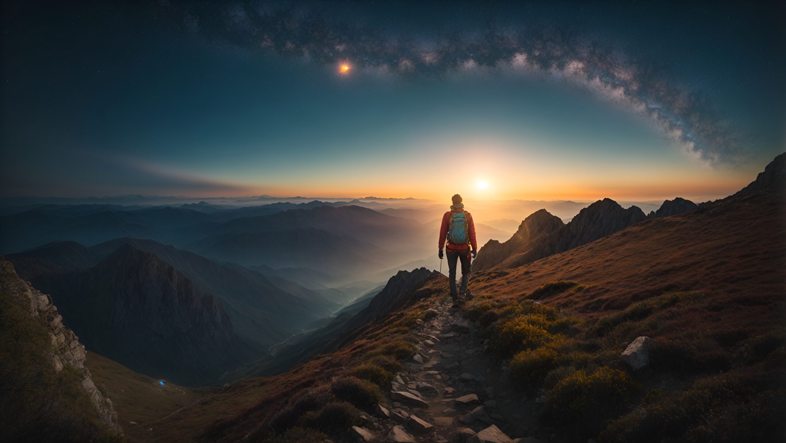 A hiker climbing a steep mountain path with various celestial bodies in the sky