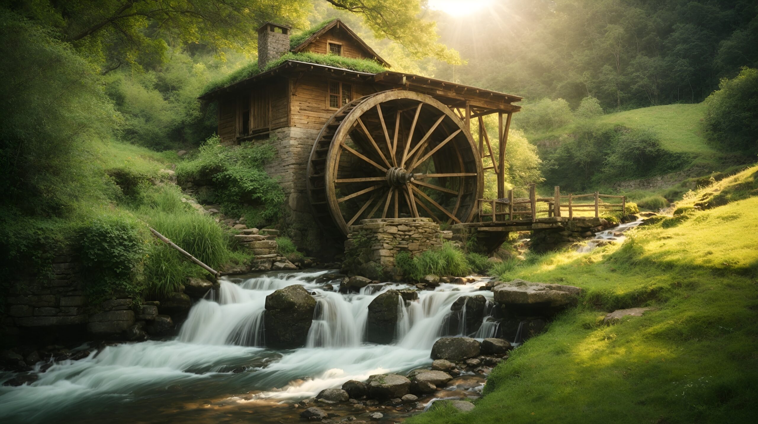 A rustic water wheel nestled in a lush green valley