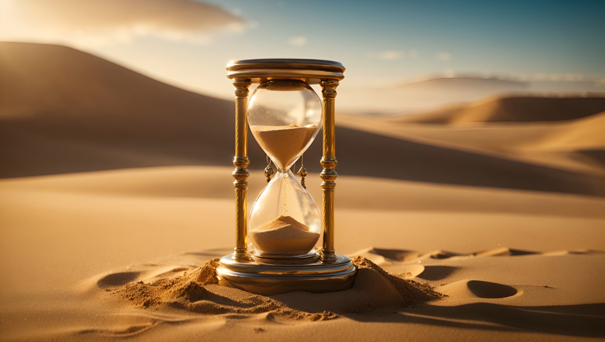 An ornate hourglass, its sand suspended in time.
