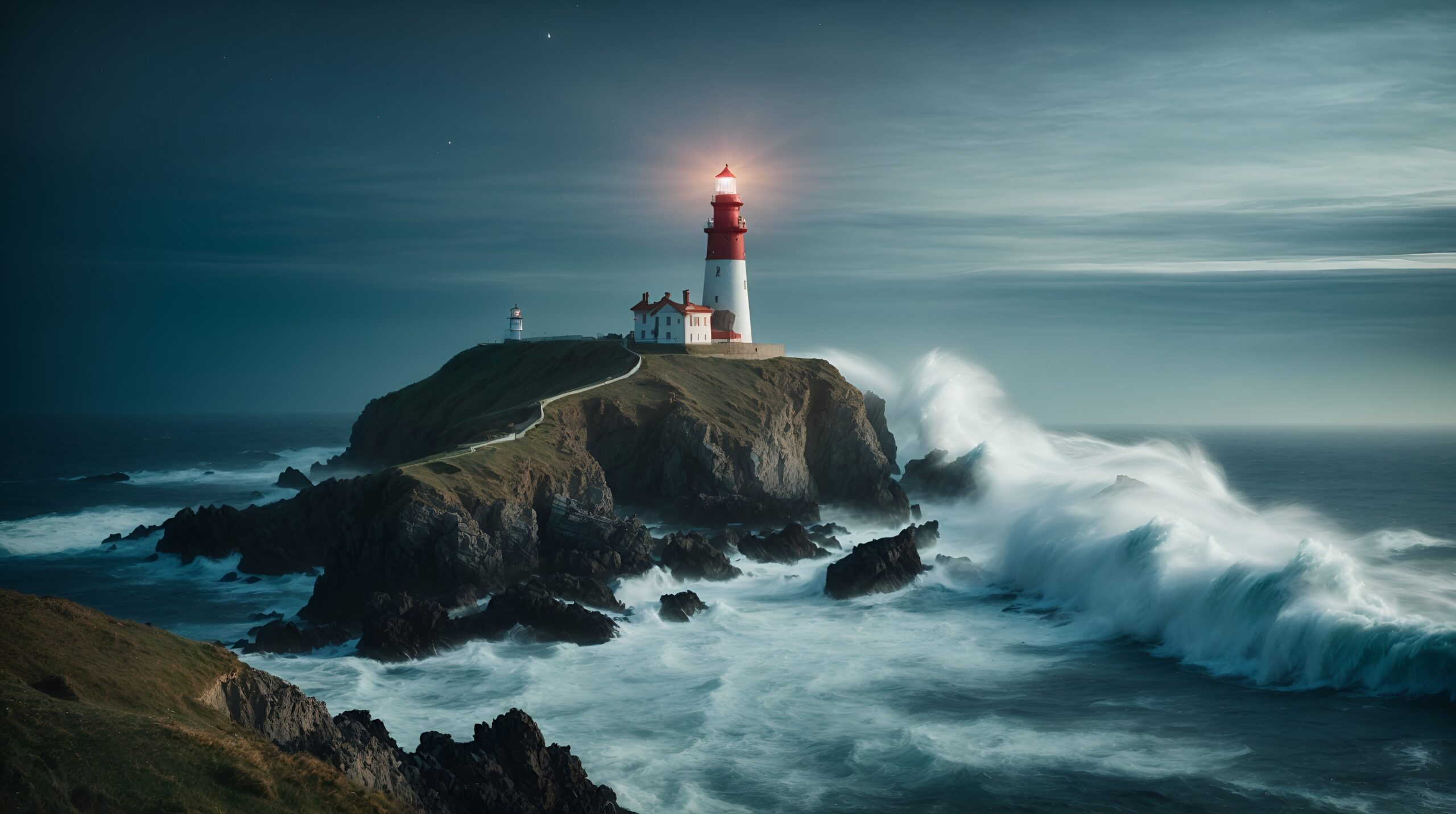 A solitary lighthouse perched on a rugged cliff