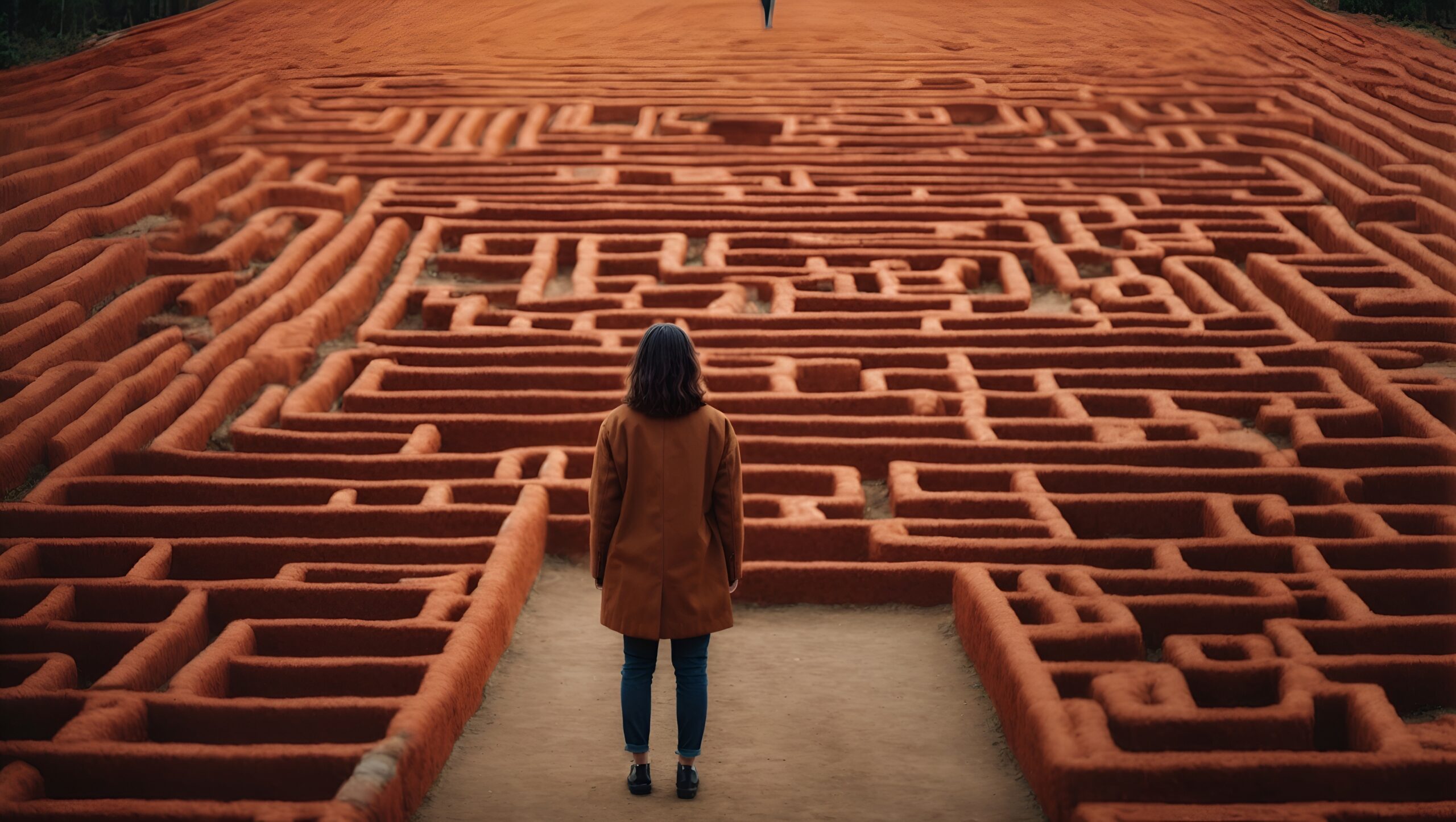 A person standing at the start of a_labyrinth
