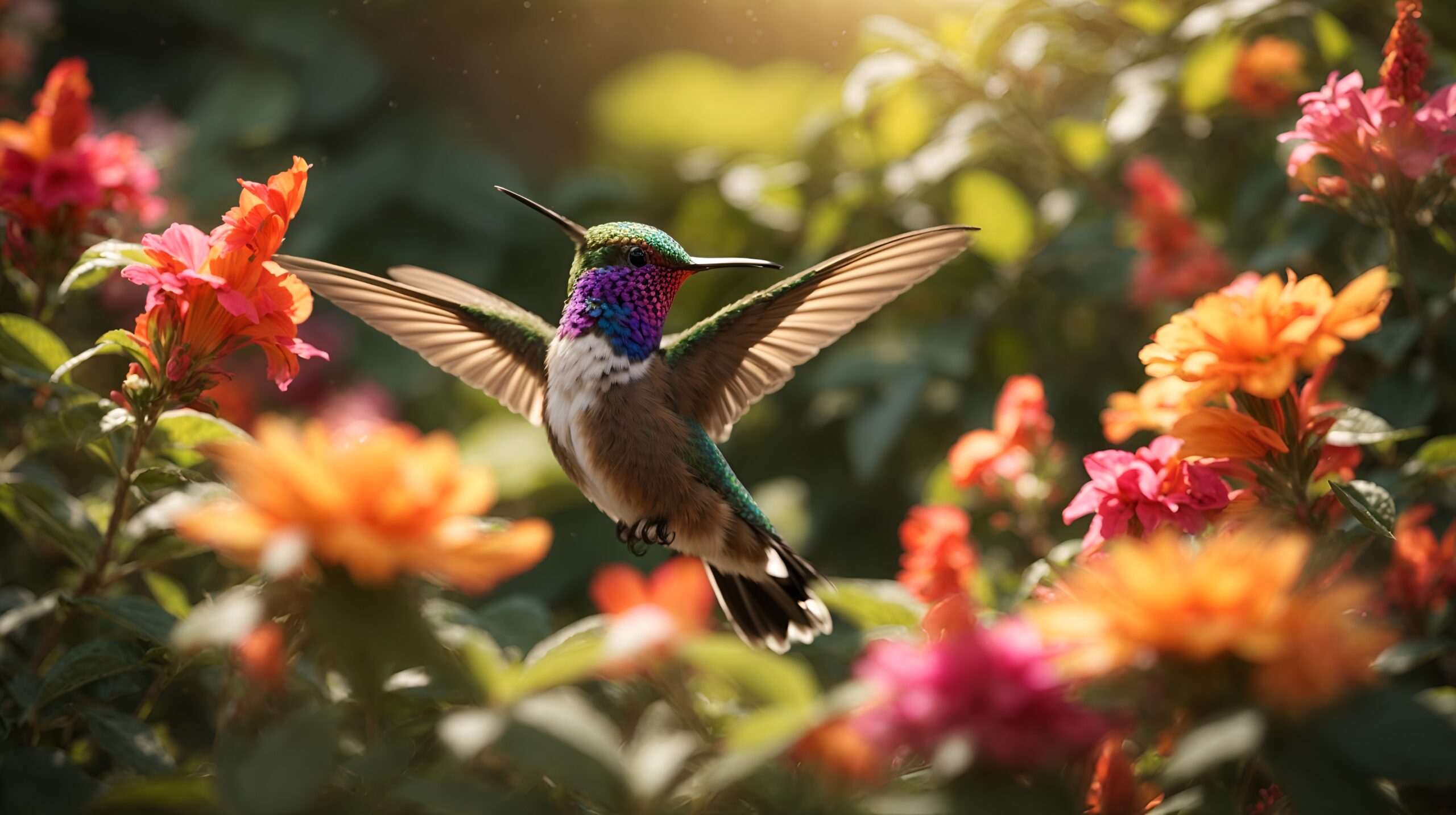A vibrant hummingbird darting swiftly between flowers